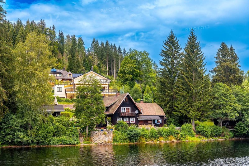 Beautiful houses on the lake shore from the boat on Lake Titisee in the Black Forest, Germany