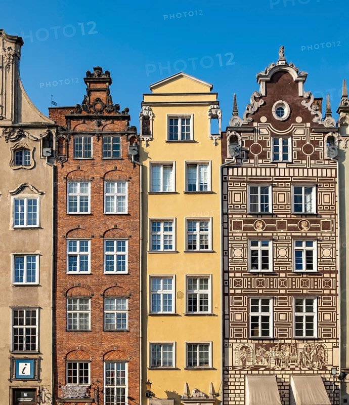 Close-up of facades of townhouses on Dlugi Targ, Gdansk, Gdansk, Poland