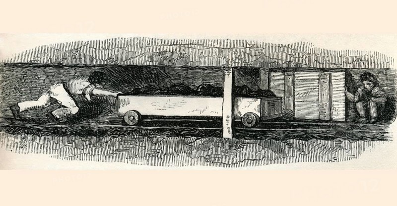 Trappers in the coal mines of Lancashire and Cheshire in the 19th century. A trapper was a child who waited for the rusher, the adult pushing the coat of coal, to approach to open the trap doors and allow him and his load to pass through. From Cyclopedia of Useful Arts and Manufactures by Charles Tomlinson, digital reproduction of a historical model