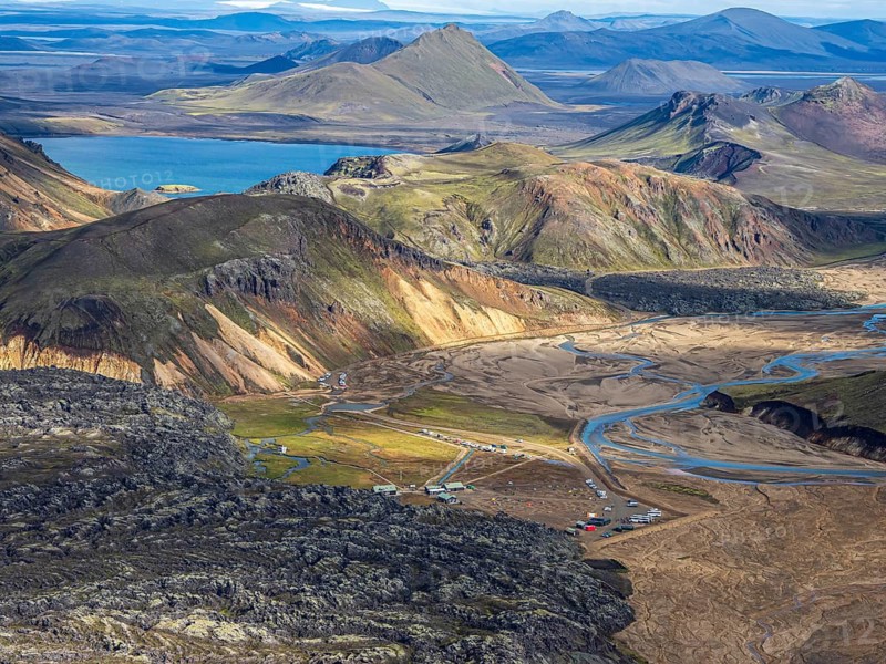 Mountain hut and campsite, located at a lava field, Landmannalaugar, Fjallabak Nature Reserve, Iceland