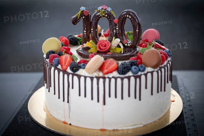 Birthday cake decorated with fruit for a 100th birthday, Stuttgart, Baden-Württemberg, Germany