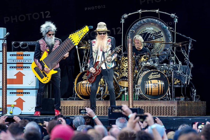 Elwood Francis (bassist), Billy Gibbons (guitarist) and Frank Beard (drummer) from ZZ Top live on The Elevation Tour at the Zitadelle Spandau in Berlin on 06.07.2024