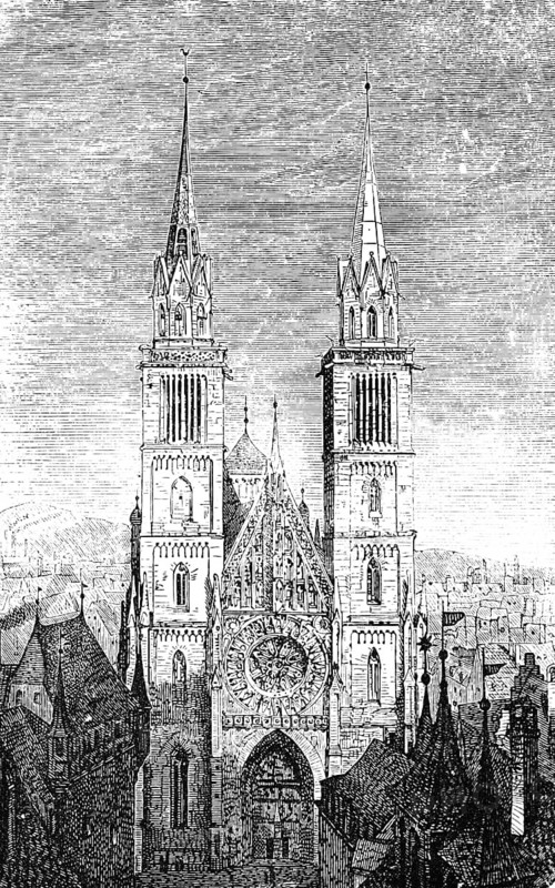 Gothic St Lawrence Church in Nuremberg, double tower, rose window, Bavaria, west portal, Germany, historical illustration 1880