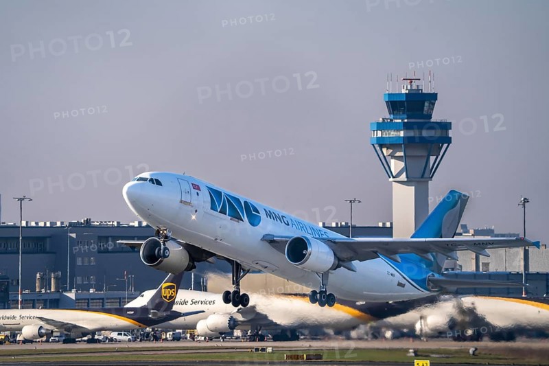MNG Airlines, Airbus A300C4-605R, Turkish cargo airline on take-off at Cologne-Bonn Airport, air cargo centre, air traffic control tower, CGN North Rhine-Westphalia, Germany
