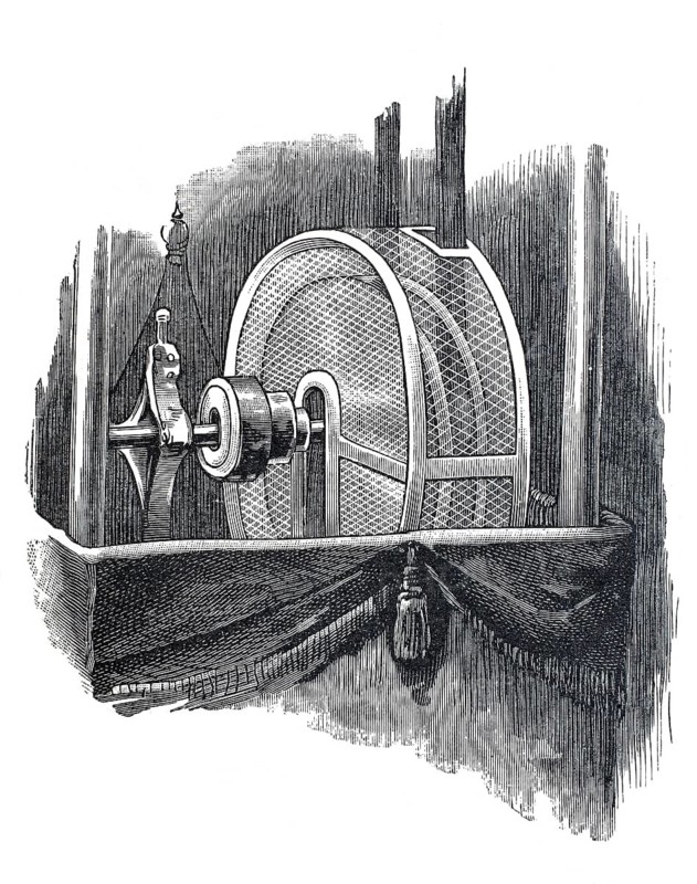 Exhibition on accident prevention in Berlin 1889, safety cage around a flywheel, digital reproduction of an original from the 19th century, historical