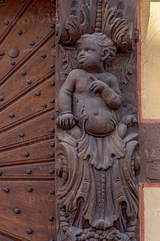 Hotel Nassau Oranien, historic half-timbered house, baroque, putti on the portal, carving by Johann Neudecker, wood, decor, Nassauer Hof, starred restaurant Grand Mére & Gud Stubb, Borngasse, old town, Hadamar, Limburg-Weilburg, Westerwald, Hesse, Germany
