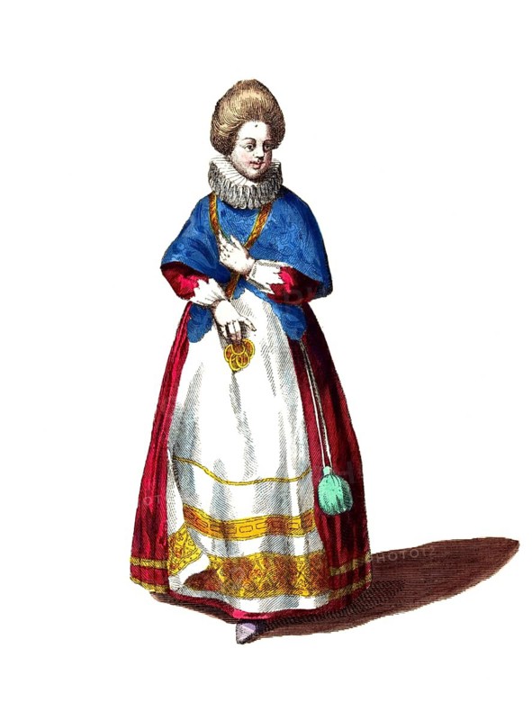 Historical clothing, fashion over time, Nobleman's woman of Denmark in 1626. Dame de qualité de Dannemarck (1757-1772), digitally restored reproduction of an 18th/19th century model, exact date unknown, Noblewoman in baroque dress, finely and elegantly dressed, with light-coloured robe