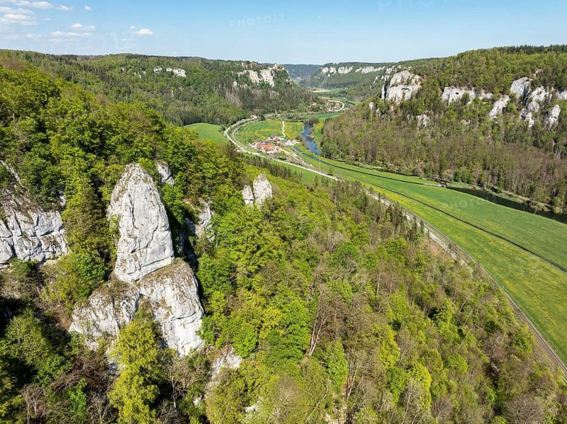 Aerial view, upper Danube valley, Werenwag Castle on the horizon, Sigmaringen district, Baden-Württemberg, Germany