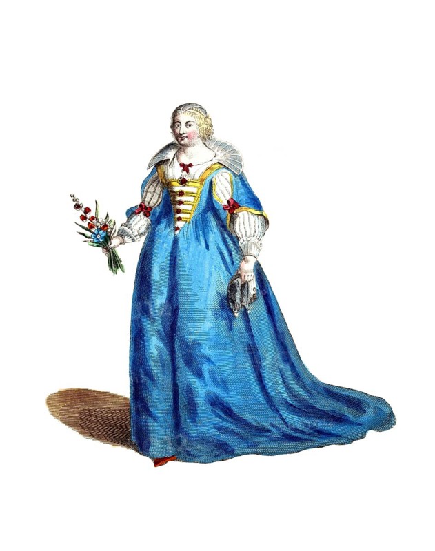 Historical clothing, fashion over time, Maria de Medici, born 26 April 1575, died 3 July 1642, was the second woman of the French King Henry IV and Queen of France since 1600, digitally restored reproduction of a model from the 18th/19th century, exact date unknown, a woman in an elegant blue dress with a bouquet of flowers, on a white background