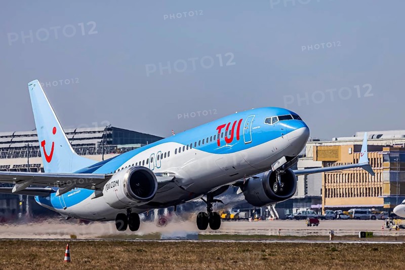 Stuttgart airport with plane taking off. Registration: PH-TFP, TUI fly Netherlands, Boeing 737 MAX 8. Stuttgart, Baden-Württemberg, Germany