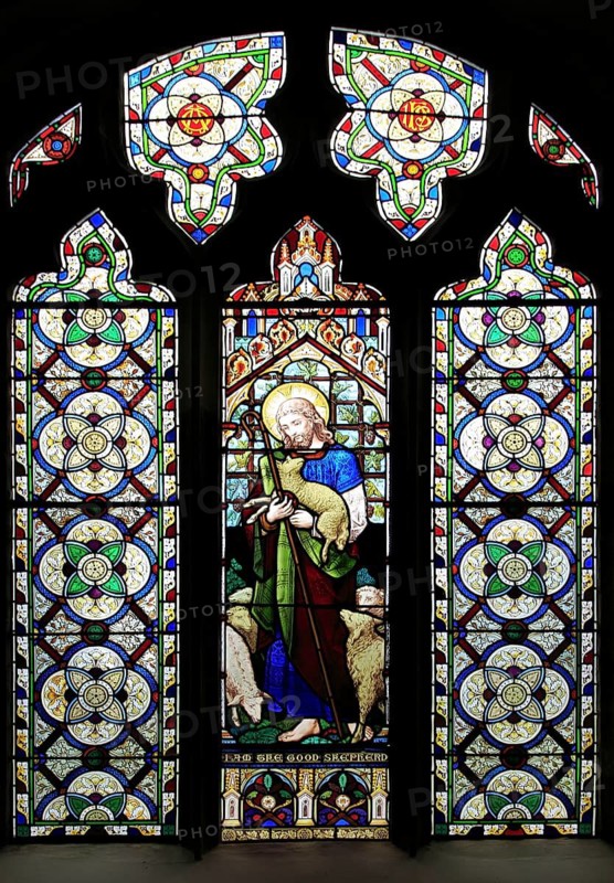 The Good Shepherd, stained glass window, Church of Saint Mary, Mendlesham, Suffolk, England, UK
