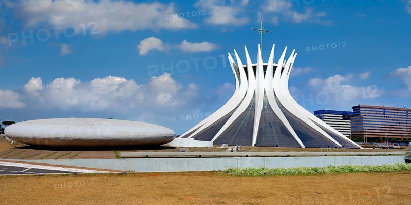 Roman Cathedral of Brasilia or Metropolitan Cathedral of Our Lady of Aparecida and oval baptistery, designed by Oscar Niemeyer, Brasília, World Heritage Site, Brasilia, Federal district, Brazil