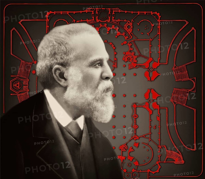 Portrait of Antoni Gaudí i Cornet, 1852 – 1926, Catalan architect and designer from Spain, the greatest exponent of Catalan Modernisme, Floor plan of the Basílica i Temple Expiatori de la Sagrada Família, known as Sagrada Família, Barcelona, Catalonia, Spain, digitally edited
