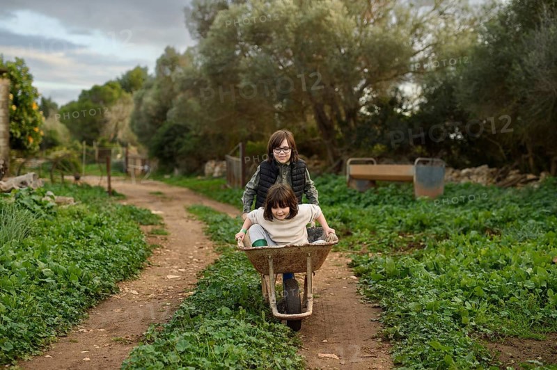 Two children enjoy a playful moment as one pushes the other in a wheelbarrow down a grassy, rural path. Surrounded by greenery, they embody carefree childhood joy