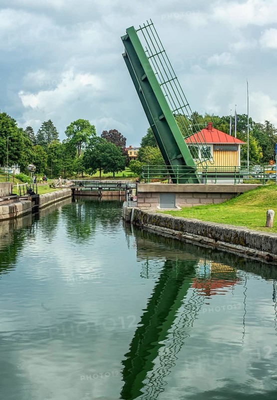 Bridge opening at lock in Göta Canal, Borensberg, Motala municipality, Östergötland, Sweden, Scandinavia