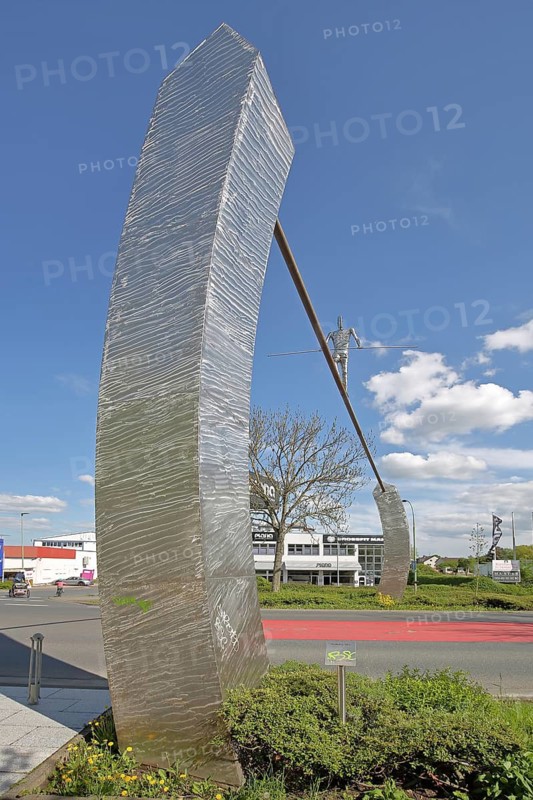 Sculpture Walking Man by E. R. Nele 2001, modern art, tightrope walker with pole balancing on rope, town hall, Dortelweil, Bad Vilbel, Wetterau, Hesse, Germany