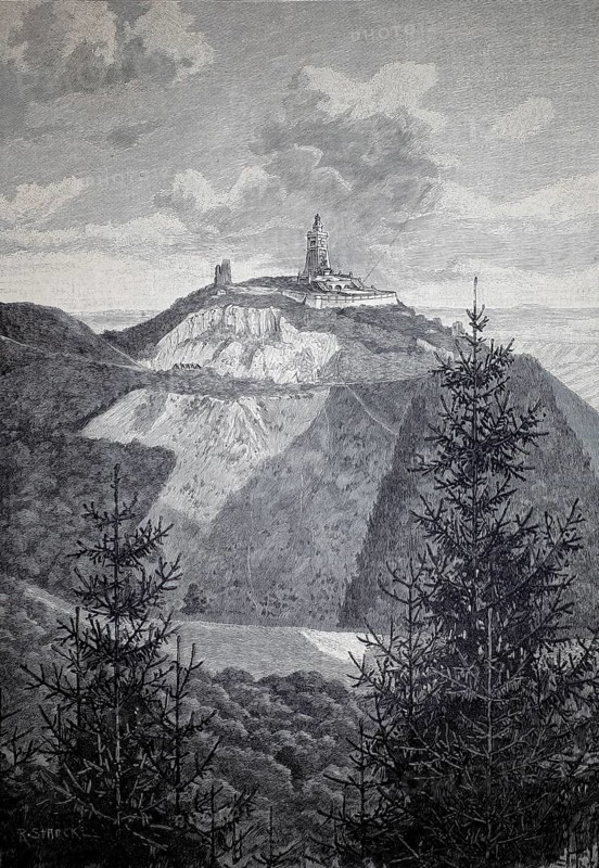 The Kyffhäuser with the Kaiser Wilhelm I monument and the Barbarossaturm, 1890, Harz, Germany, illustration, reproduction from a model from the 19th century. Authentic, file restored for optimal use, exact date of original unknown, Historic, A castle perched on a mountain surrounded by forest and picturesque countryside under a cloudy sky