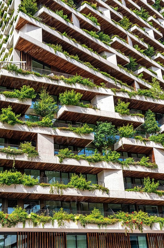 Wonderwoods residential tower, one of 2 green buildings, in Utrecht in the new Healthy Urban Quarter, at the central station, 105 metres high with 30 floors, Tower II, over 360 trees and over 9600 shrubs and flowering plants native to the region, all irrigated with collected rainwater, sponge city principle and monitored with sensors, Utrecht, Netherlands