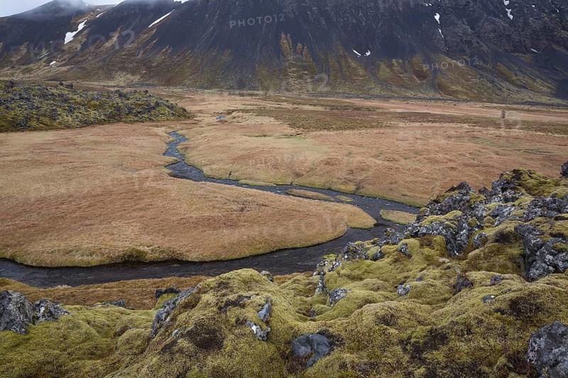 Landscape north of Arnarstapi, Vesturland, West Iceland, lava rocks, moss, Snæfellsjökull, Snæfellsnes peninsula