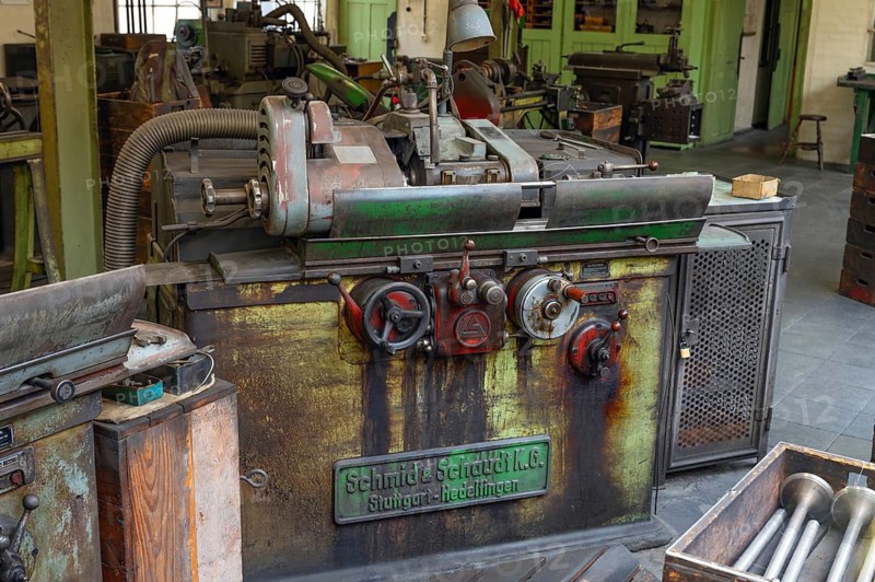 Value bench in the production hall of engine valves, formerly Dietz & Pfriem valve factory, today Industrial Museum Lauf, Sicharchard Str., Lauf an der Pegnitz, Middle Franconia, Bavaria, Germany