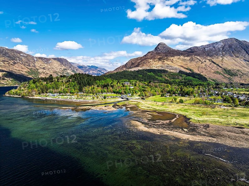 Loch Leven and Holiday Park from a drone, Glencoe, Highland, Scotland, United Kingdom