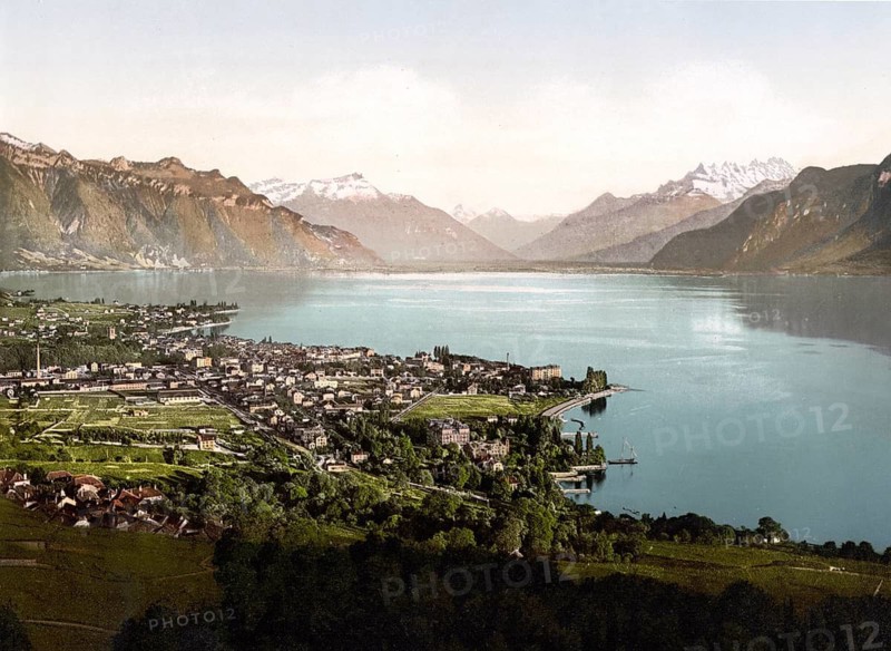 Vevey and Dent du Midi, Geneva Lake, Switzerland, Historic, digitally restored reproduction from a 19th century original, Record date not stated, Vevey, and Dent du Midi, Geneva Lake, Switzerland, Historic, digitally restored reproduction from a 19th century original, Record date not stated