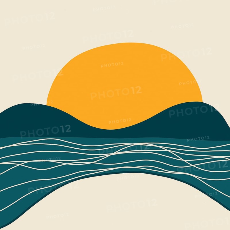 Minimalist abstract image of a sunset over hills with flowing waves, capturing a summer and calming atmosphere in warm yellow and cool teal hues