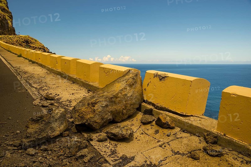 Rockfall, damaged concrete wall, road to Punta de Teno, Tenerife, Canary Islands, Spain