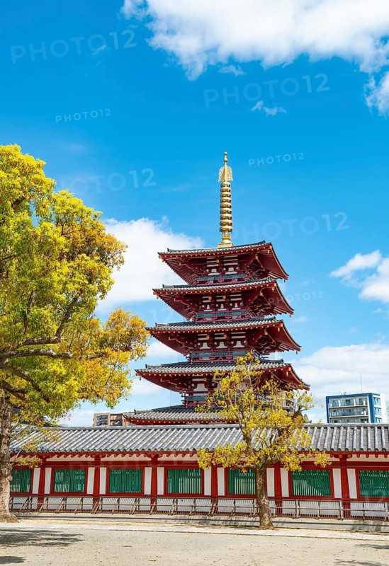 Shitennoji Temple with five-story pagoda Gojunoto, Buddhist temple, Osaka, Japan
