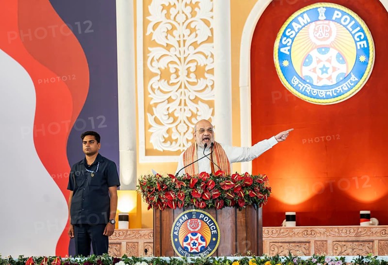 Indian Union Home Minister Amit Shah delivers a speech during the Lachit Barphukan Police Academy inauguration on March 15, 2025 in Dergaon, India. The Lachit Barphukan Police Academy, inaugurated by Union Home Minister Amit Shah