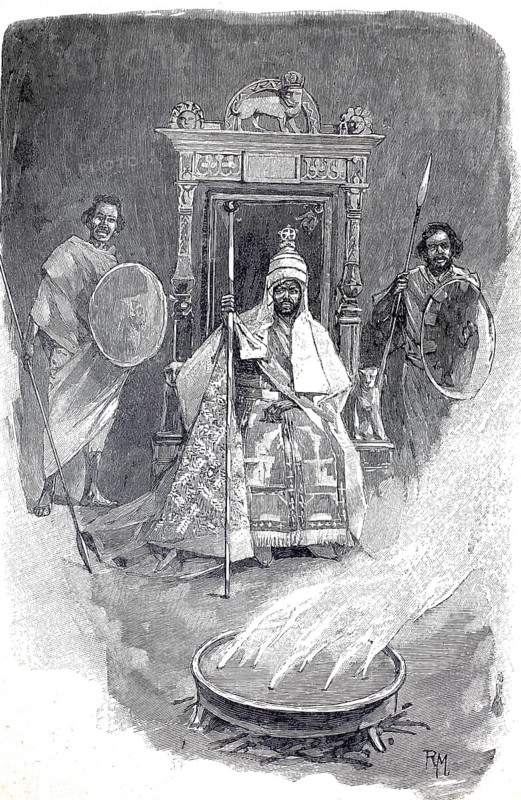 Menelik II, (born 17 August 1844 in Ankober, died 12 December 1913 in Addis Ababa) was King of Shewa (1865-1889) and Emperor of Abyssinia, Ethiopia, from 1889 to 1913. The title of this emperor was Neguse Negest, King of Kings, illustration, reproduction from a 19th century original. Authentic, file restored for optimal use, exact date of original unknown, Historical, A king sits on a throne, flanked by guards, in a solemn atmosphere