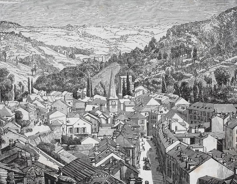 Historical, digitally restored reproduction from a 19th century original, Record date not stated, View of the spa town of Plombières-les-Bains in the Vosges, 1855, France