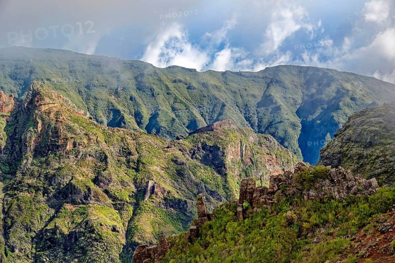 Mountain landscape in the Massif Central, central mountains near Pico do Areeiro, rocks, clouds, mountain range, mountain landscape, Madeira, Portugal