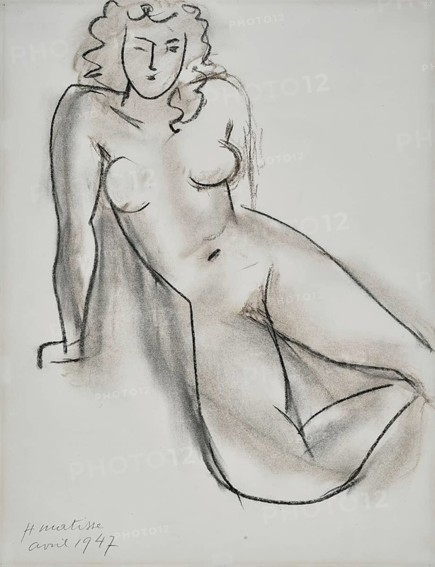 Henri Matisse, Henri Emile Benoit Matisse (born 31 December 1869, died 3 November 1954 in Cimiez), French painter, graphic artist, draughtsman, Classical Modernist. Here his work:, Patitcha (1947), Painting, Reproduction of the painting, Artwork, Historical, Minimalist charcoal drawing of a reclining woman in black and white