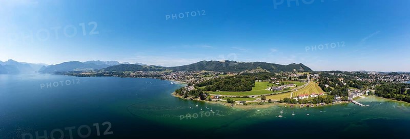 Drone shot, panorama shot, Villa Toscana in Toscana Park with Ort Castle, Gmunden, Altmünster am Lake Traun, Lake Lake Traun, Salzkammergut, Upper Austria, Austria