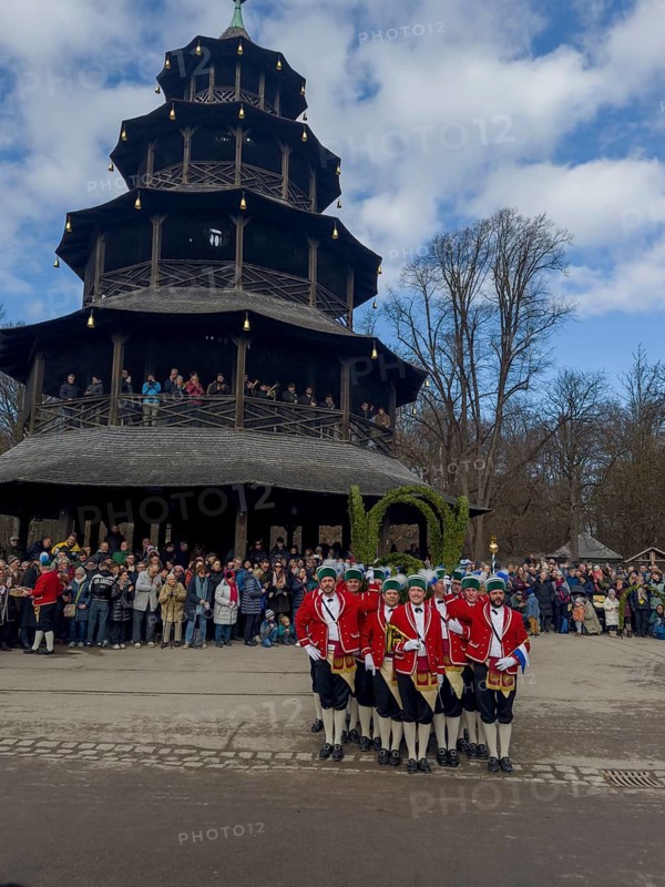 Schaeffler dance in 2026 in the English Garden, behind the Chinese Tower. The event takes place every 7 years between Epiphany and Shrove Tuesday, Munich, Bavaria, Germany