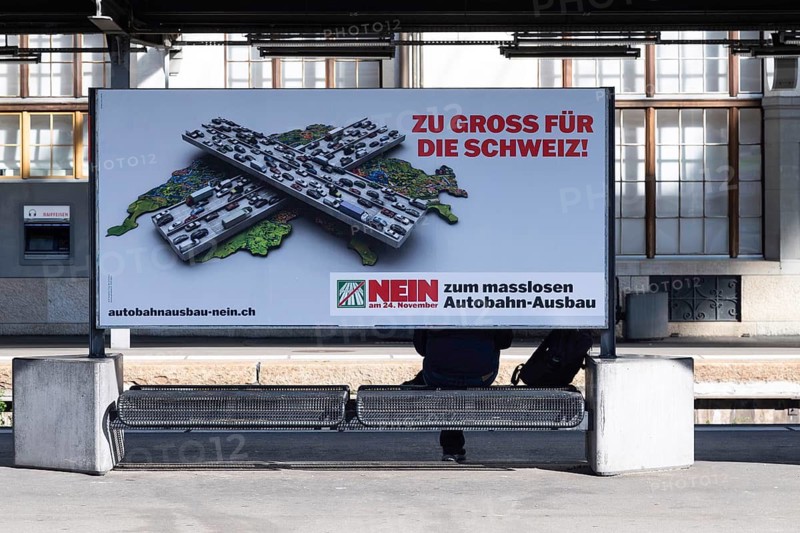 Poster advertising for motorway expansion vote, Switzerland