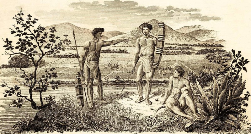 Alfuren, inhabitants of the Molucca Islands, Kepulauan Maluku, Indonesia, spice islands, three men, bow and arrow, fields, mountains, algarves, loincloths, tattoo, steel engraving, historical illustration 1834