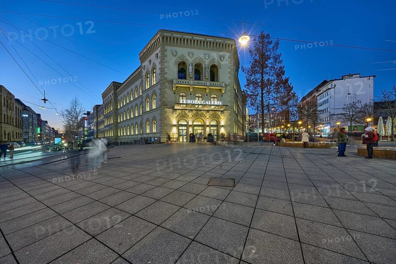 Pedestrian zone, street, shopping centre, general architecture, paving slabs, people as accessories, light traces, motion blur, evening blue hour, deep blue evening sky, cloudless, EUROPA-Galerie, Trierer Straße, Saarbrücken, state capital, regional association Saarbrücken, Saarland, Germany