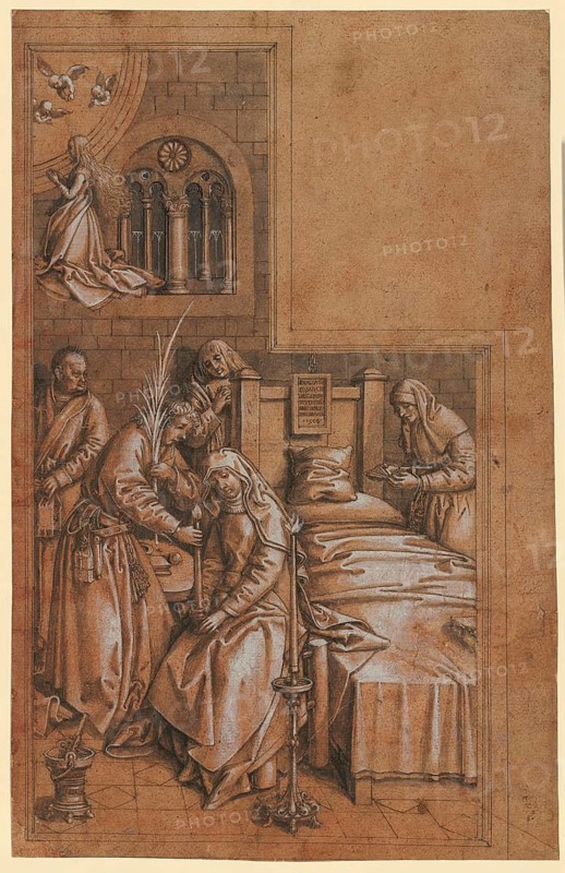 Picture shows a representation of the death of Mary, a drawing depicting a religious scene at the deathbed of the Virgin Mary, authentic reproduction of a work of art, painting, drawing by Hans Holbein the Elder (born 1465 in Augsburg, died 1524 in Basel or Isenheim), German painter of the Renaissance, historical
