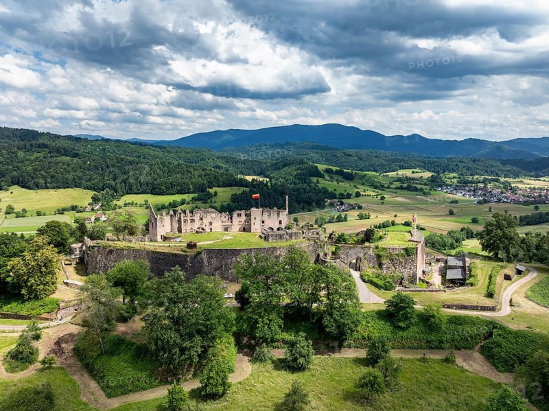 Aerial view of the ruins of Hochburg Castle, also known as Hachberg, 11th century, between Emmendingen, Sexau and Windenreute, second largest castle complex in Baden, administrative district of Freiburg, Black Forest, Baden-Württemberg, Germany