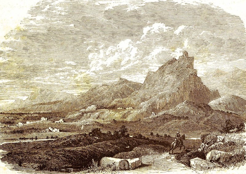 The village of Sart and ancient Sardis or Sardis, Turkey, the revelation of the Apostle John, chapter 3, verse 1, New Testament, mountainous landscape, ruins, buildings, rider, horse, Bible, historical illustration 1850