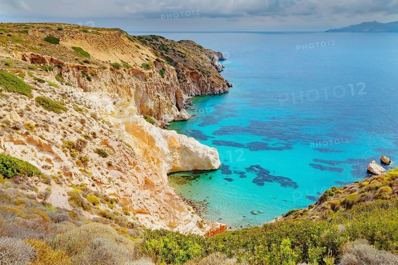 Multicoloured rock formations, Firopotamos, Milos Island, Cyclades Islands, Greece