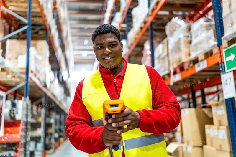 Frontal view of a latin man with modern scan machine in a storage warehouse