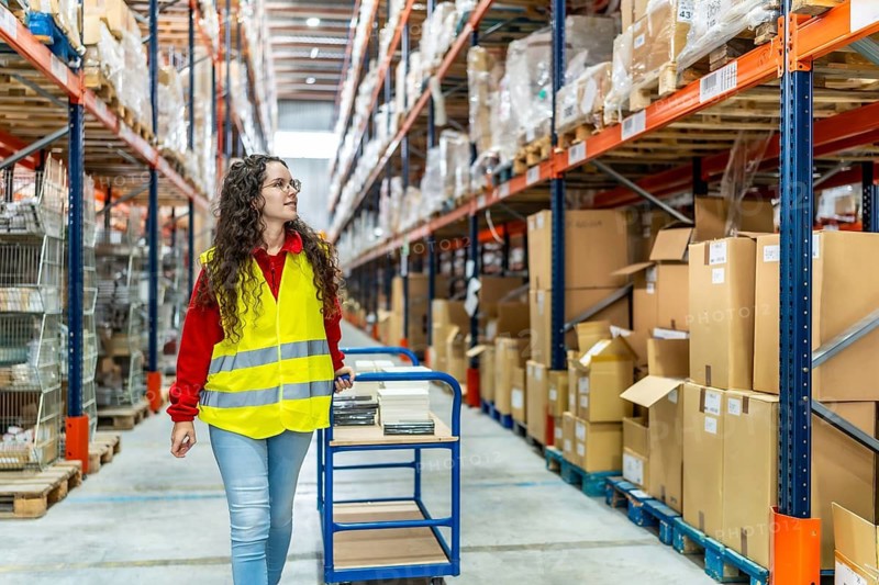 Distribution warehouse female caucasian young worker moving boxes on a rack in plant