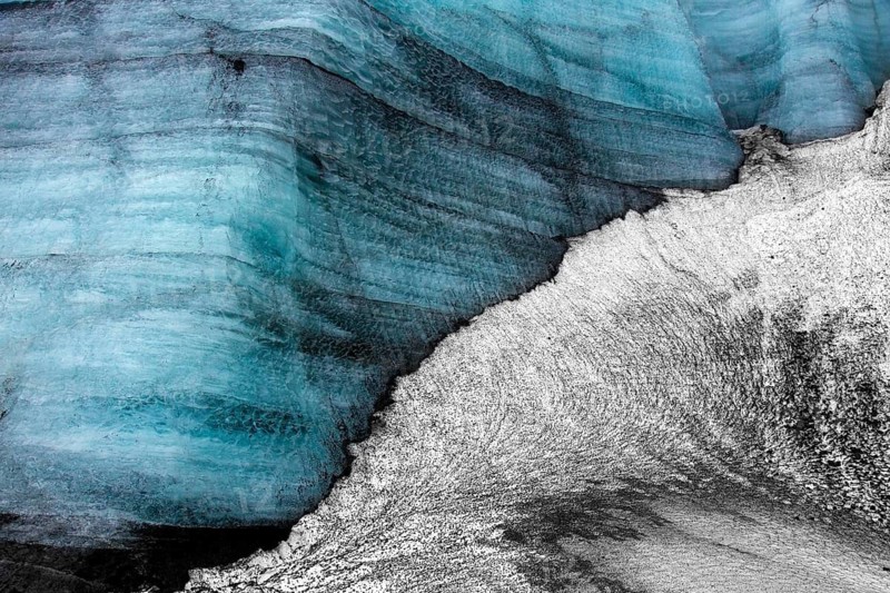Mýrdalsjökull glacier with layers of black volcanic ash, ice cap on the top of the active Katla volcano in the south of Iceland near Vík í Mýrdal
