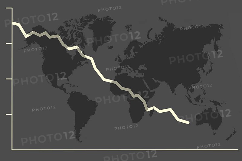 Illustration with falling share price and a world map symbolising a declining (world) economy