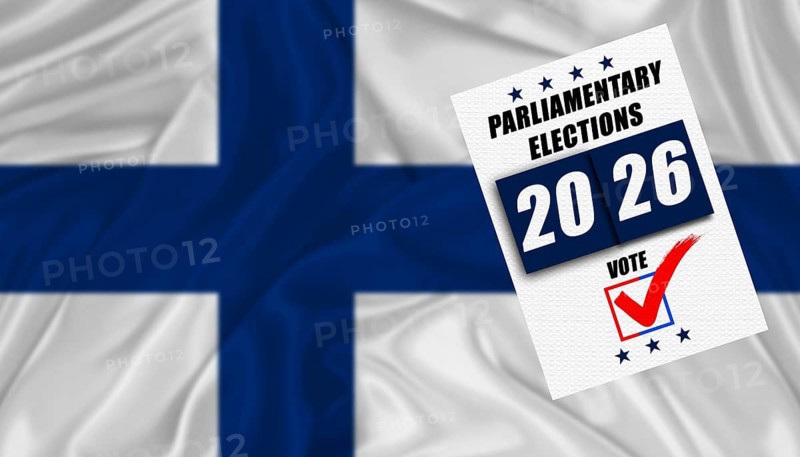 Finland parliamentary elections with flag in the background. Ballot on a Finnish flag, concept