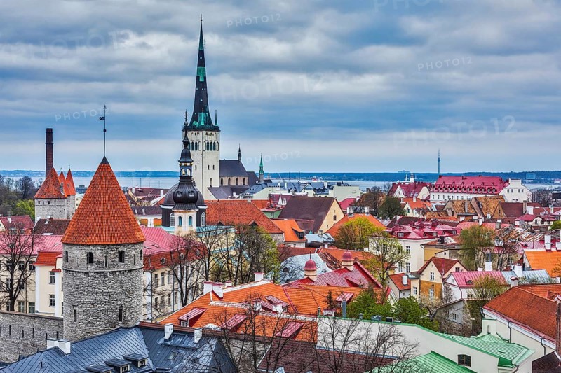 Aerial view of Tallinn Medieval Old Town with St. Olaf's Church and Tallinn City Wall. Tallinn, Estonia