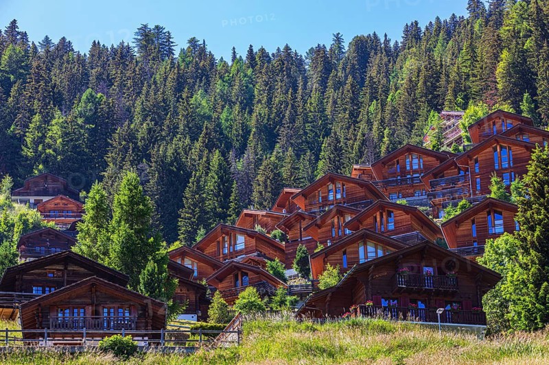 Modern chalets built into the hillside in Grimentz, Val d'Anniviers, Valais Alps, Canton Valais, Switzerland